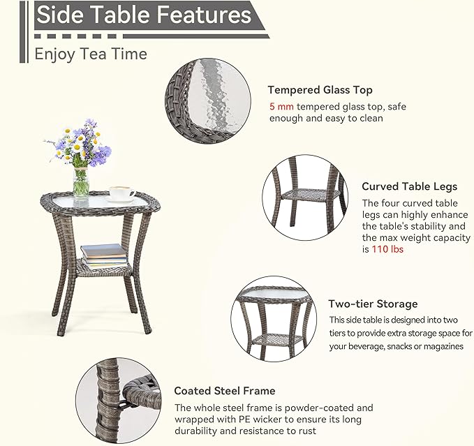 3 Pieces Outdoor Furniture Set - Patio Wicker Swivel Rocker Chair Set of 2 and 1 Side Table, Green, Mixed Brown Rattan, Suitable for Porch, Yard