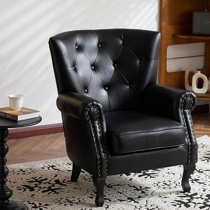 Modern Faux Leather Accent Chair, Upholstered Mid-Century Armchair with Solid Wood Legs, Single Sofa Chair for Living Room, Bedroom, or Reading Room（Black）