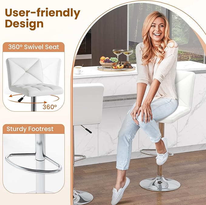 COSTWAY Bar Stools Set of 4, Modern PU Leather Swivel Bar Chairs, Height Adjustable Upholstered Barstools with Premium Gas Rod, Sturdy Footrest, Round Base, for Kitchen, Dining Room, Office, White