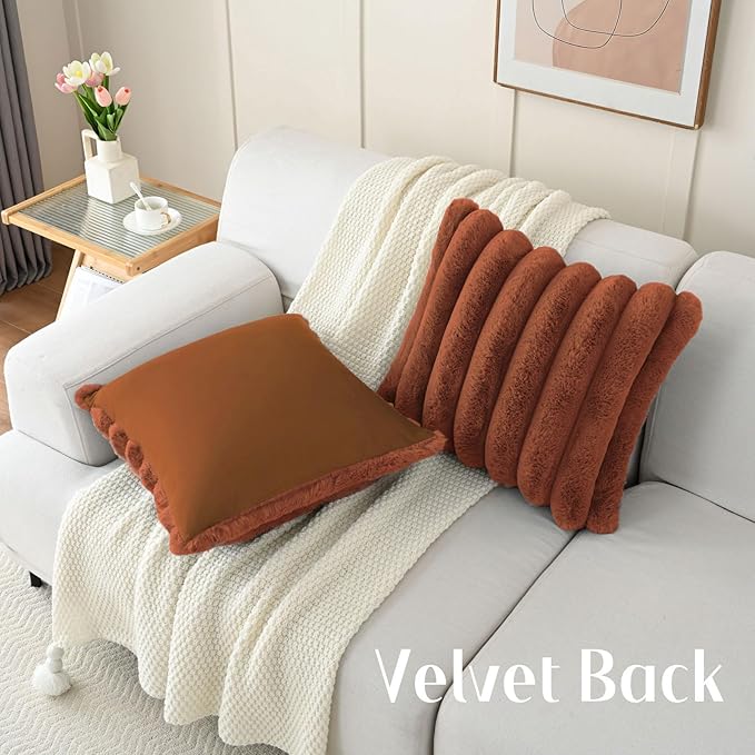 FUTEI Rust Decorative Throw Pillow Covers 20x20 Inch Set of 2, Square Soft Faux Rabbit Fur Big Striped Cushion Cover,Home Decor for Couch Sofa Bed Living Room