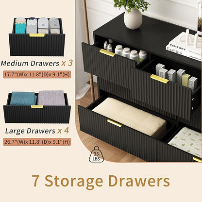 3-Piece Modern Bedroom Furniture Set, Wide 7-Drawer Dresser & 1-Drawer Nightstands Set of 2, Natural Wood Dresser and Nightstand Sets for Bedroom, Hallway, Black