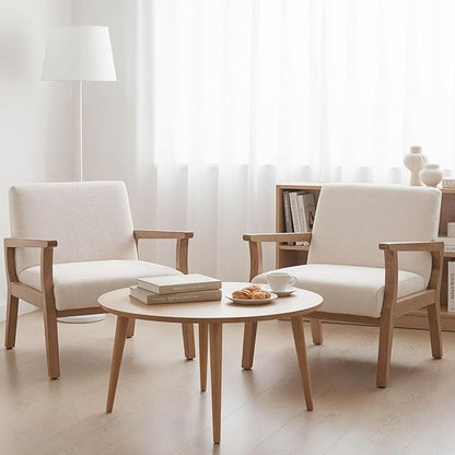 HNY Mid Century Armchair with Wood Frames, Linen Upholstered Living Room Arm Chair, for Living Room, Bedroom, Ivory