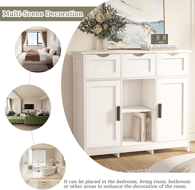 Sideboard Floor Storage Cabinet - Wooden Storage Organizer with 2 Doors and 3 Drawers, Free Standing Accent Buffet Cabinet with Adjustable Shelves for Living Room, Kitchen,Bathroom (White)