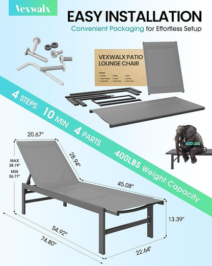 Outdoor Lounge Chairs for Pool, Aluminum Chaise Lounge Chair with 5-Position Recliner, Patio Lounge Chair for Backyard, Poolside, Lawn, Dark Gray