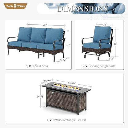 Sophia & William Patio Furniture Set with Fire Pit Table, 4 PCS Metal Outdoor Conversation Set with Fire Pit Table, 2 Sofa Chairs,3-Seater Couch for Outdoor Seating, Backyard, Porch(Navy)
