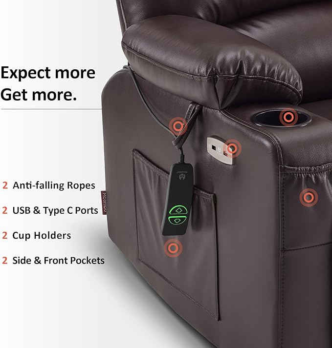 MCombo Oversized Power Lift Recliner Chair for Elderly, Lift Chair with Heat and Massage, Lift Recliner for Big and Tall, Cup Holders, USB &Type C Ports, Faux Leather R7092 (Dark Brown, Oversize)