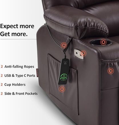 MCombo Oversized Power Lift Recliner Chair for Elderly, Lift Chair with Heat and Massage, Lift Recliner for Big and Tall, Cup Holders, USB &Type C Ports, Faux Leather R7092 (Dark Brown, Oversize)