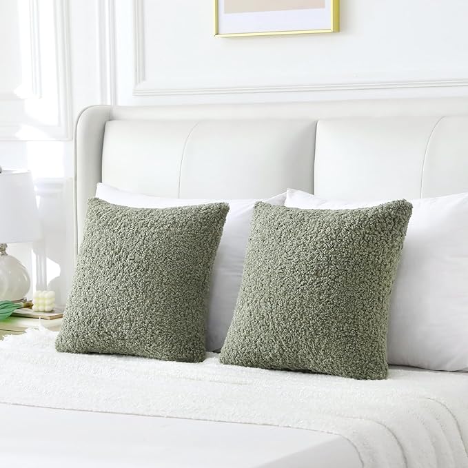 FUTEI Sage Green Throw Pillow Covers 18x18 Inch Set of 2,Furry Faux Fur Teddy Boucle Textured Cushion Covers,Soft Fluffy Decorative Pillow Case,Home Decor for Couch Bed Living Room Office Car