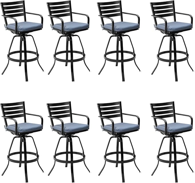 Pellebant 29.5" Outdoor Bar Stools Set of 8, Aluminum Swivel Patio Bar Height Stools with Footrest & Backrest, Rust-Proof Patio Bar Stool Chairs for Deck Backyard, Spectrum Denim