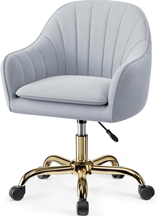 Comfy Home Office Desk Chairs Vanity Chair with Wheels Adjustable Modern Velvet Makeup Vanity Chairs for Bedroom Living Room（Grey）