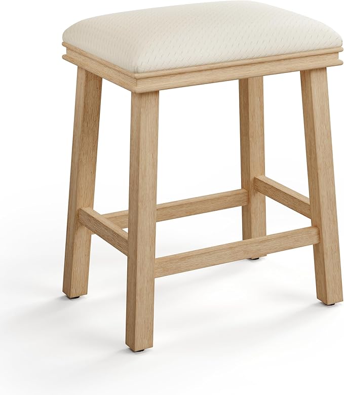 ALPHA HOME 24 inch Barstools Set of 1, Solid Wood Kitchen Stools with PU Leather Cushion Counter Height Bar Stools for Indoor, White Seat and Wooden Legs, 1PCS