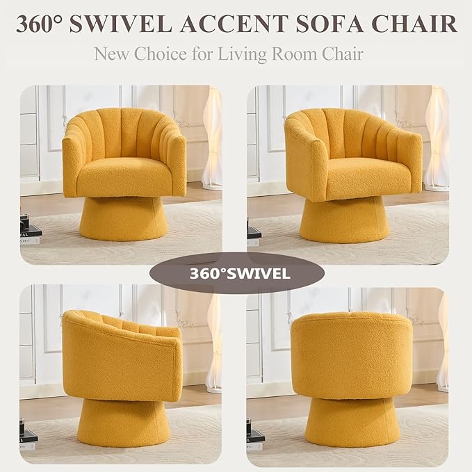 Swivel Accent Chair,Upholstered Teddy 360° Swivel Barrel Chair for Living Room Overstuffed Bouncle Reading Chair Round Armchair for Bedroom,Vanity,Office-Mustard