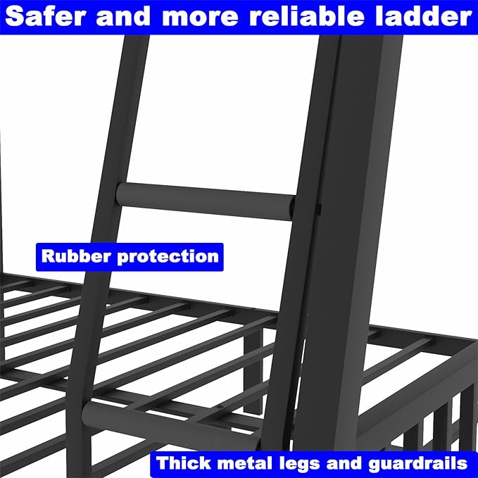 Upgraded Version Thicken Metal Full XL Over Queen Bunk Bed, Stronger Heavy Duty Steel Bunk Bed Full Over Queen Size, Best Bunkbed Frame for Adults, Easy Assembly, Black (Full XL Over Queen)