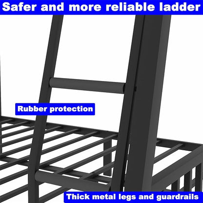 Upgraded Version Thicken Metal Full XL Over Queen Bunk Bed, Stronger Heavy Duty Steel Bunk Bed Full Over Queen Size, Best Bunkbed Frame for Adults, Easy Assembly, Black (Full XL Over Queen)