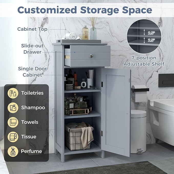 LOKO Bathroom Floor Cabinet, Freestanding Single Door Storage Cabinet with Drawer & Adjustable Shelves, Corner Narrow Storage Organizer for Living Room, Entryway (Grey)