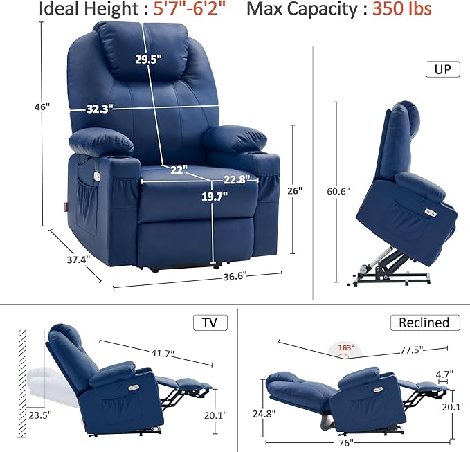 MCombo Dual Motor Large Power Lift Recliner Chair for Elderly, Lay Flat Lift Chair with Heat and Massage, Big Lift Recliner for Tall People, Faux Leather 7815 (Blue, Large)