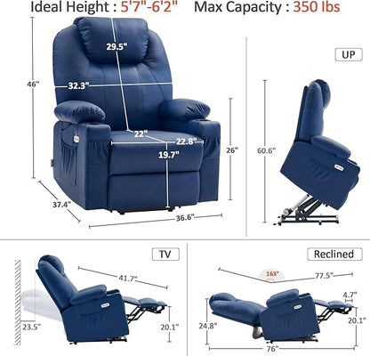 MCombo Dual Motor Large Power Lift Recliner Chair for Elderly, Lay Flat Lift Chair with Heat and Massage, Big Lift Recliner for Tall People, Faux Leather 7815 (Blue, Large)