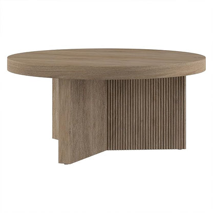 Henn&Hart 32" Fluted Round Low-Profile Coffee Table with Ribbed Pedestal Base for Living Room, Family Room, Office, or Apartment, Antiqued Gray Oak