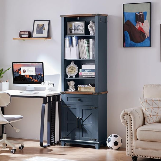72in Tall Bookshelf 7 Tier Bookcase with Drawer and Barn Doors and Adjustable Shelves, Blue Farmhouse Book Shelf with Storage Cabinet, Wood Freestanding Display Bookshelves for Kitchen (3PCS)