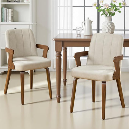 Kitchen Dining Chairs Set of 2, Faux Leather Upholstered Dining Room Chairs with Wood Arms and Legs, Mid Century Modern Kitchen Side Chair for Living, Bedroom, Restaurant, Walnut/Beige