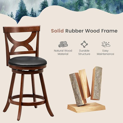 COSTWAY Bar Stools Set of 2, 24'' 360-Degree Swivel Chairs with Soft Cushion & Elegant Hollow Backrest, Rubber Wood Footrests, Upholstered Swivel Counter Stools for Kitchen Island, Pub, Café (2, 24‘’)