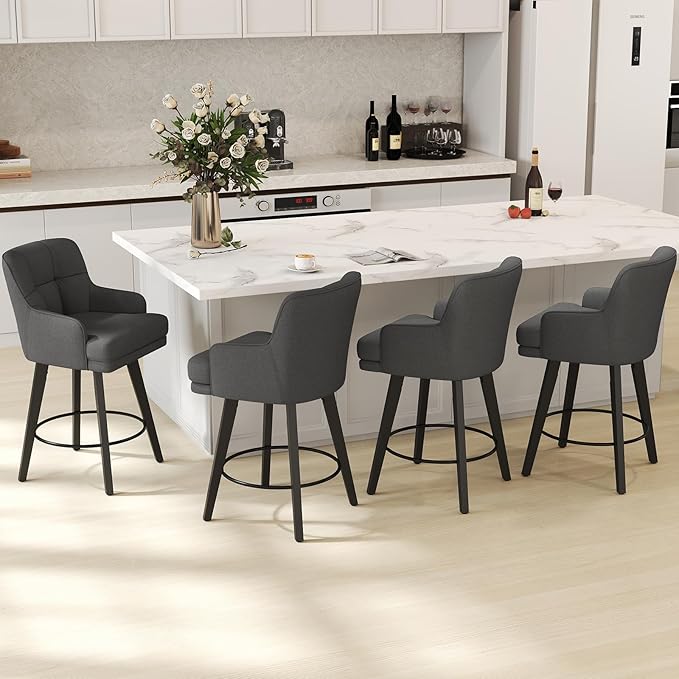 360°Swivel Counter Height Bar Stools with Back, 26 inch Solid Wood Legs, Bar Stool Modern Kitchen Island Chairs, Fabric (Black Grey- Fabric, 26" H- Set of 4)