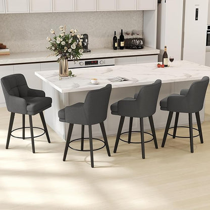 360°Swivel Counter Height Bar Stools with Back, 26 inch Solid Wood Legs, Bar Stool Modern Kitchen Island Chairs, Fabric (Black Grey- Fabric, 26" H- Set of 4)