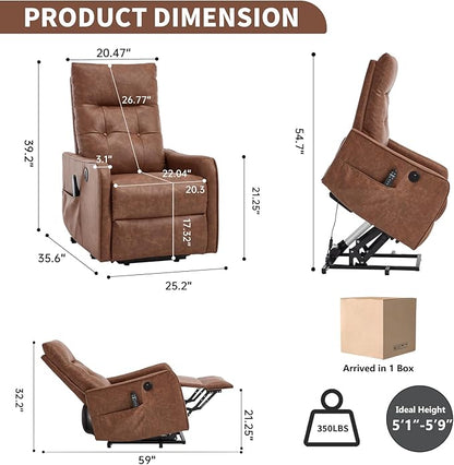PELUMY Manual Lift Recliner Chair with Massage and Heat for Elderly, Single Motor Electric Lift Chair, Heavy Duty Recliner with USB Charging & Side Pockets (Breathable Leather, Yellow Brown)