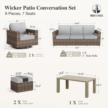 HERA'S HOUSE Swivel Glider Patio Furiture Conversation Set with 4.92" Wide Armrests, Outdoor Wicker Furniture with 5.5" Waterproof Cushions, 6 Pieces Outside Sofa Set for Deck Lawn, Light Grey