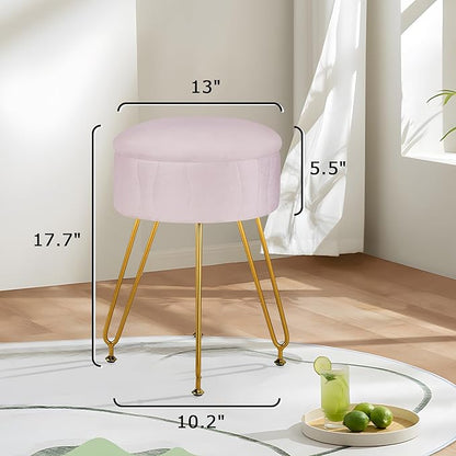 VECELO Vanity Stool with Storage, Velvet Chair for Vanity, Strong Metal Legs, Anti-Slip Feet, Padded Seat for Make Up, Bedroom, Living Room, Entryway, Pink