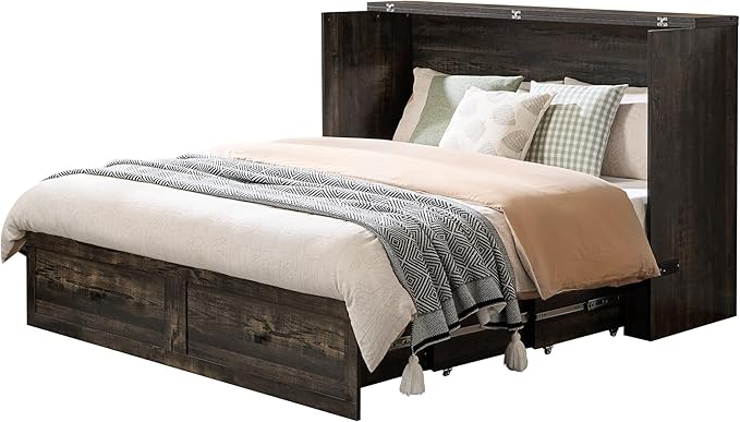 Queen Murphy Bed with Storage and Charging Station, Farmhouse Cabinet Bed, Noise-Free, for Guest Room, Apartment, or Office, Black Oak