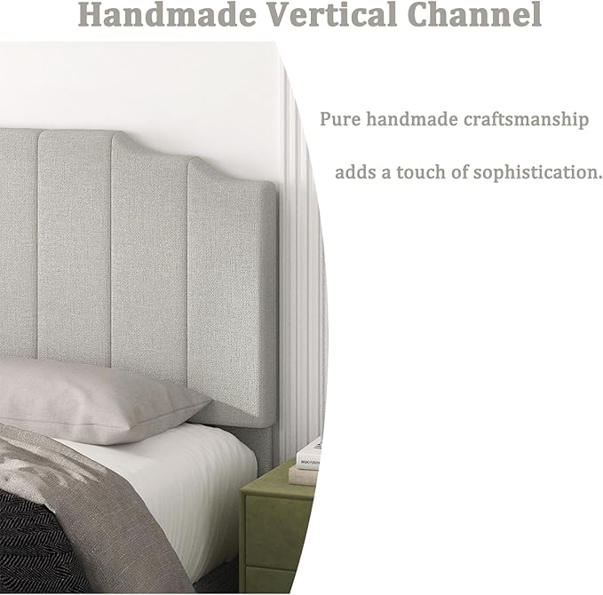 Queen Size Headboard Only, Linen Wall Mounted Headboard Queen/Full Size for Adjustable Bed, Modern Vertical Channel Design with Curved Tufted Upholstered Head Board, Linen Gray