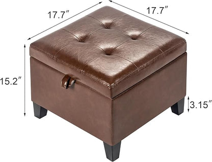 Asense 17 Inch Faux Leather Ottoman with Storage, Square Ottoman Footstool Upholstered Footrest for Couch Entryway Bedroom Living Room, Coffee
