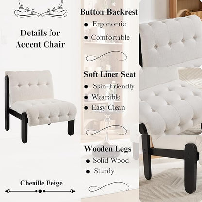 HEAH-YO Accent Chair Set of 1,Modern Vintage Living Room Chair for Bedroom with Button Tufted Back and Wood Legs,Upholstered Comfy Reading Chair for Makeup Vanity Cafe,Linen Beige