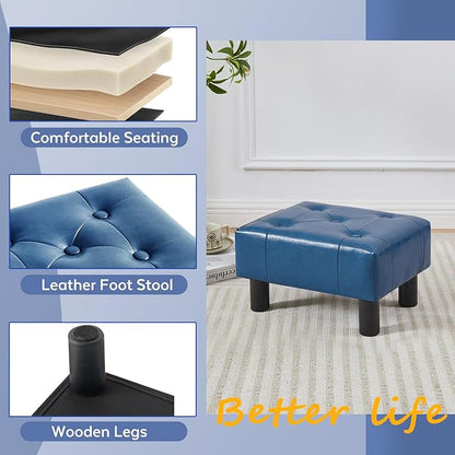 Small Foot Stool Ottoman, Faux Leather Footstool Ottoman Foot Rest for Couch, Rectangle Footstools and Ottomans Small for Living Room, Entryway and Bedroom (Blue)