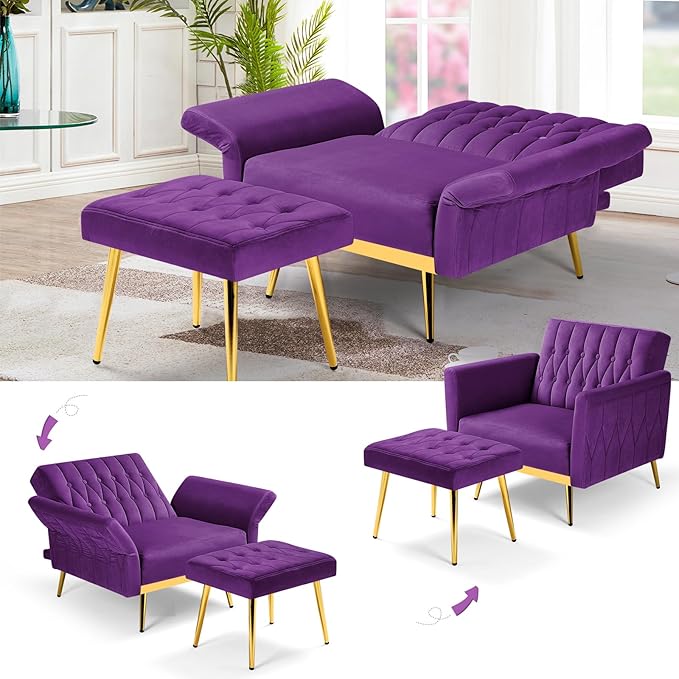 Velvet Accent Chair with Adjustable Armrests and Backrest, Button Tufted Lounge Chair, Single Recliner Armchair with Ottoman and Pillow for Living Room, Bedroom, Purpel