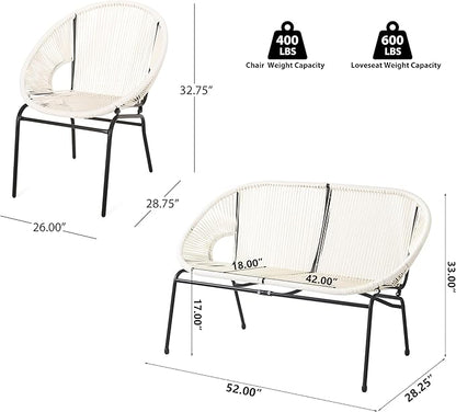Christopher Knight Home Dessa 3 Piece Patio Furniture Set, Patio Wicker Accent Chair Set of 2 and Loveseat, Metal Frame 4 Seater Outdoor Papasan Lounge Chair Set, PE Rattan Outdoor Bistro Set, White