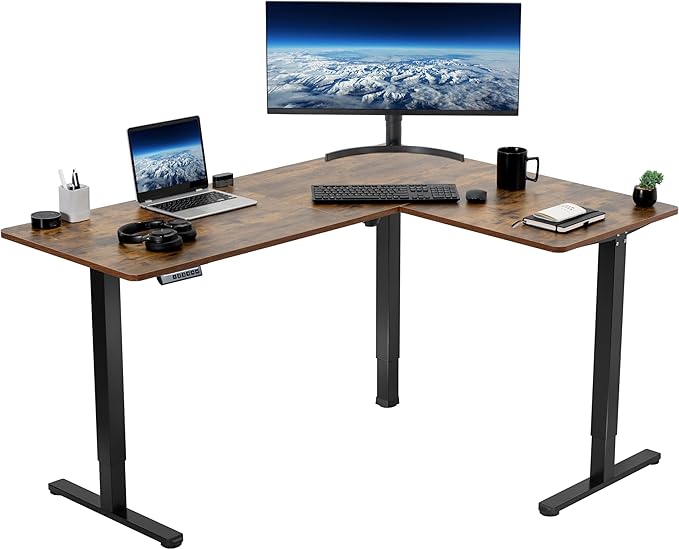 VIVO Corner Standing Desk, 63 x 47 inch Reversible L-Shaped Workstation, Electric Height Adjustment, Home, Office, and Reception Rooms, Rustic Vintage Brown Table Top Black Frame, DESK-E3CTN-47