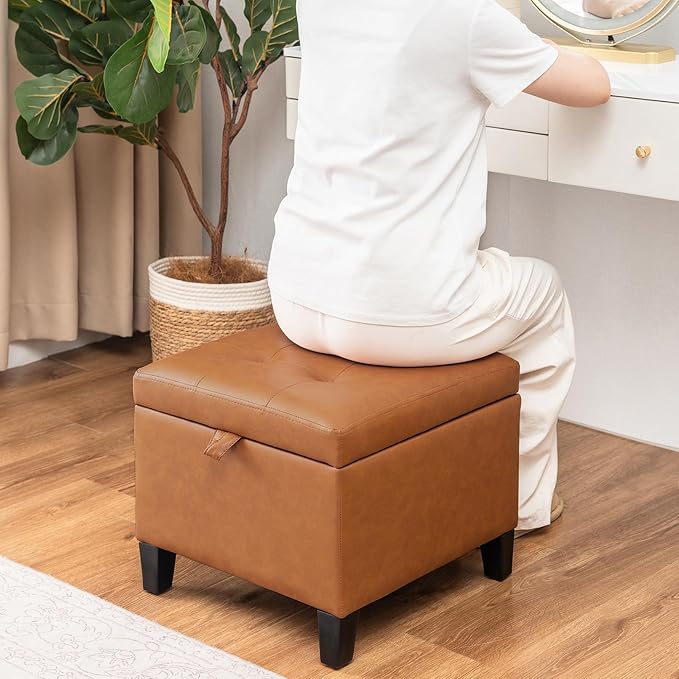 Asense 17 Inch Storage Ottoman Foot Rest,Square Faux Leather Foot Stool,Small Ottoman with Storage,Padded Seat for Entryway,Living Room,Bedroom,Couch,Under Desk,Cognac Brown