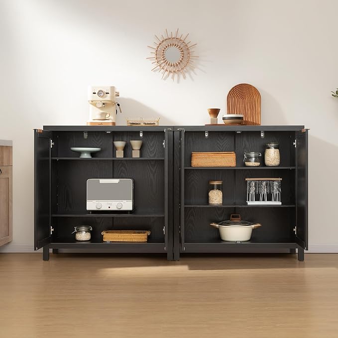 SICOTAS Rattan Sideboard Buffet Storage Cabinet - Boho Credenza Coffee Bar Cabinet with Large Storage, Buffet Console Table for Kitchen Living Room Entryway - Black