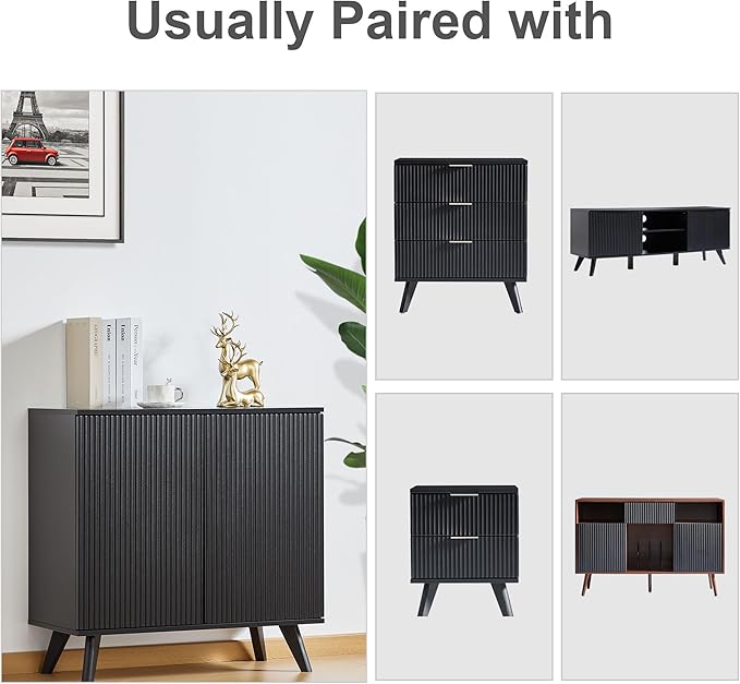 Modern Sideboard Buffet Cabinet Console Table, Accent Storage Cabinet with Fluted Doors for Kitchen Dining Living Room Entryway (Black)