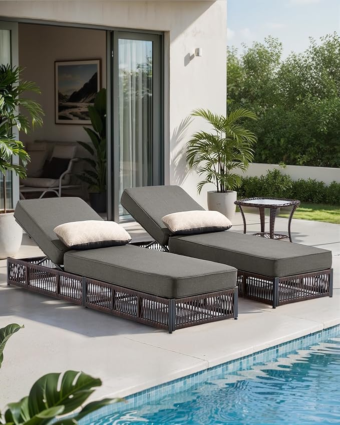 Luxury 2PCS Outdoor Chaise Lounge and Side Table Set with 5 Inch Thick Cushions - High Back Brown Wicker Patio Recliners Chairs Lounger for Poolside Pool Porch Garden Sunbathing - Grey