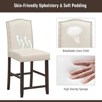 COSTWAY Bar Stools Set of 4, 25'' Upholstered Counter Height Bar Stools with S-Shaped Spring Thick Cushion, Rubber Wood Legs, High Back Leisure Chairs for Living, Kitchen, Dining Room (Beige, 4)