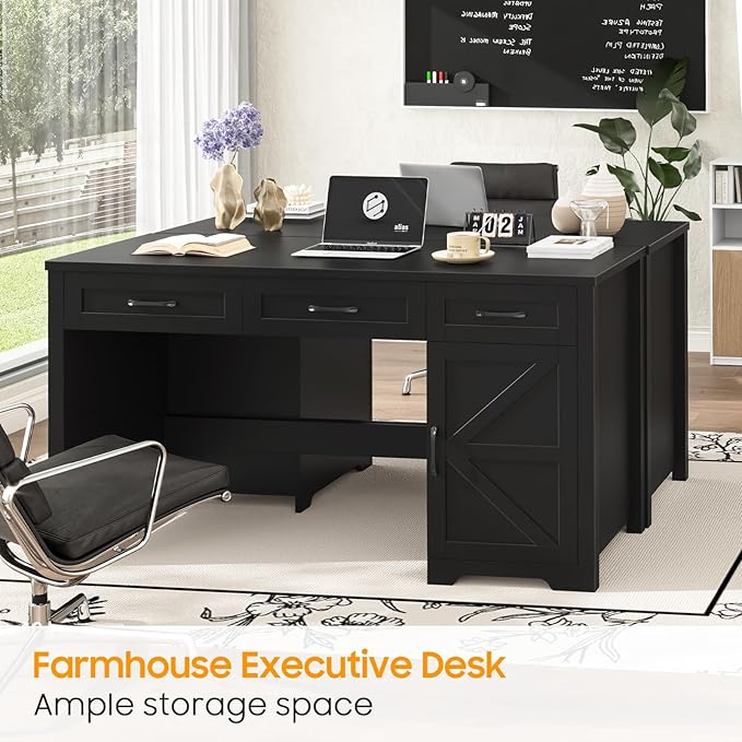 Vabches Farmhouse 59" Executive Desk,Computer Desk with 3 Drawers and Storage Cabinet,Home Office Desk for Work and Study. Pure Black