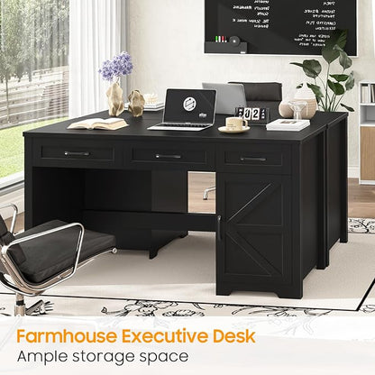 Vabches Farmhouse 59" Executive Desk,Computer Desk with 3 Drawers and Storage Cabinet,Home Office Desk for Work and Study. Pure Black