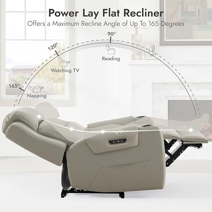 Watson & Whitely Oversized Genuine Leather Power Recliner Chairs for Big and Tall, Extra Wide Lay Flat Recliner with Power Headrest & Cup Holders, Electric Reclining Sofa for Living Room, Grey