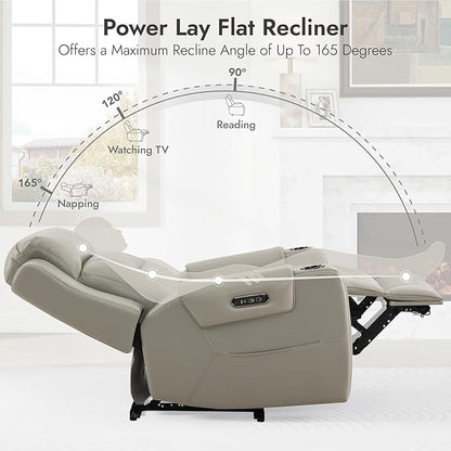Watson & Whitely Oversized Genuine Leather Power Recliner Chairs for Big and Tall, Extra Wide Lay Flat Recliner with Power Headrest & Cup Holders, Electric Reclining Sofa for Living Room, Grey