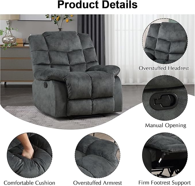 CANMOV Manual Recliner Chair, Single Reclining Sofa with Overstuffed Backrest and Armrest for Living Room, Bedroom Furniture, Grey