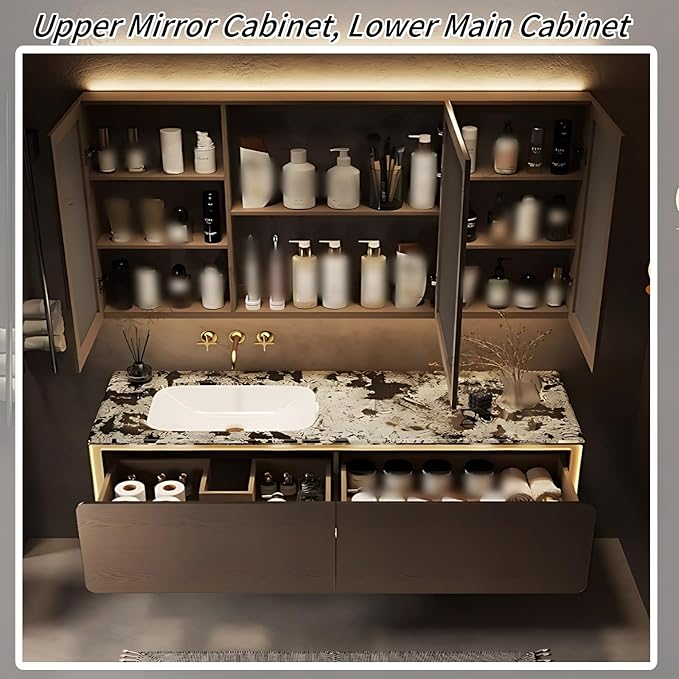 50IN Bathroom Vanity Set with a Single Sink - Embedded Sensor Light Strip & Large Capacity Floating Cabinet | Modern Bathroom Vanities with Defogging Mirror Surface & LED Lighting (Mirror)