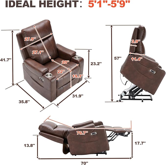 Triple Motor Power Lift Recliner Chair with Adjustable Lumbar Support, Lay Flat Recliner for Elderly, Breathable Brown Leather Recliner, Lift Chair Massage & Heating, USB Ports, Cup Holders